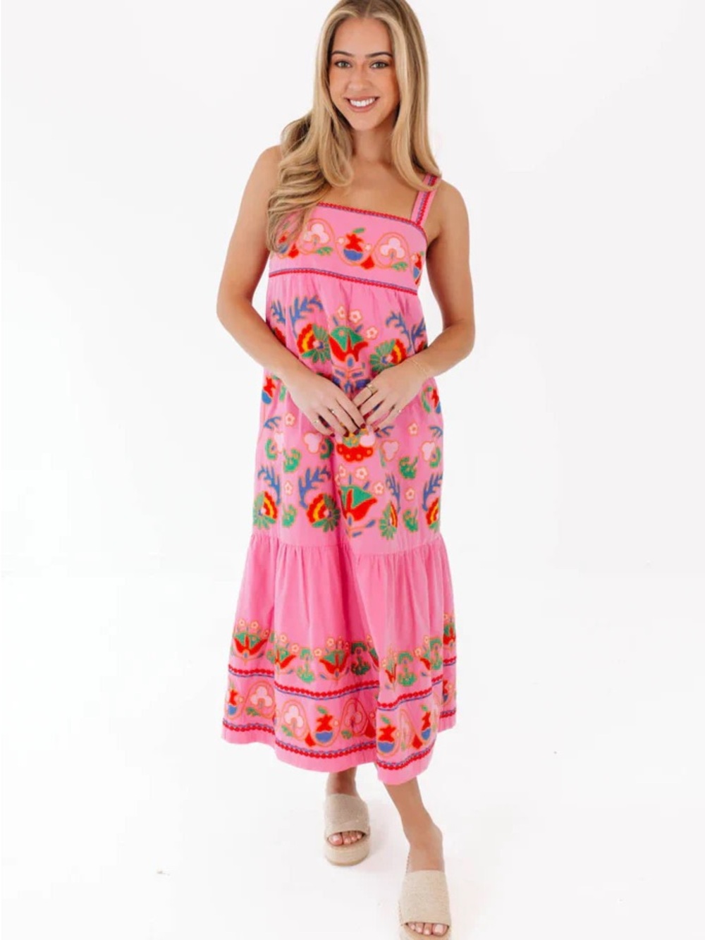 J. Marie Landon Midi Pink Embroidered Floral Dress